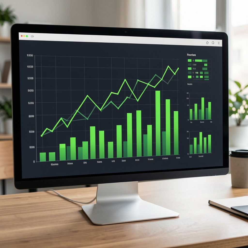 Vista de un panel de indicadores financieros en una pantalla de computadora con gráficos de líneas y barras en tonos verdes