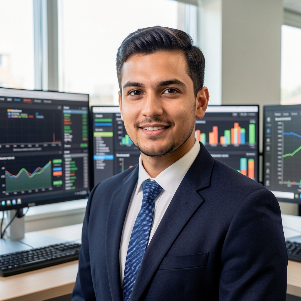 Retrato profesional de un hombre joven especialista en tecnología contable frente a monitores con paneles de datos financieros