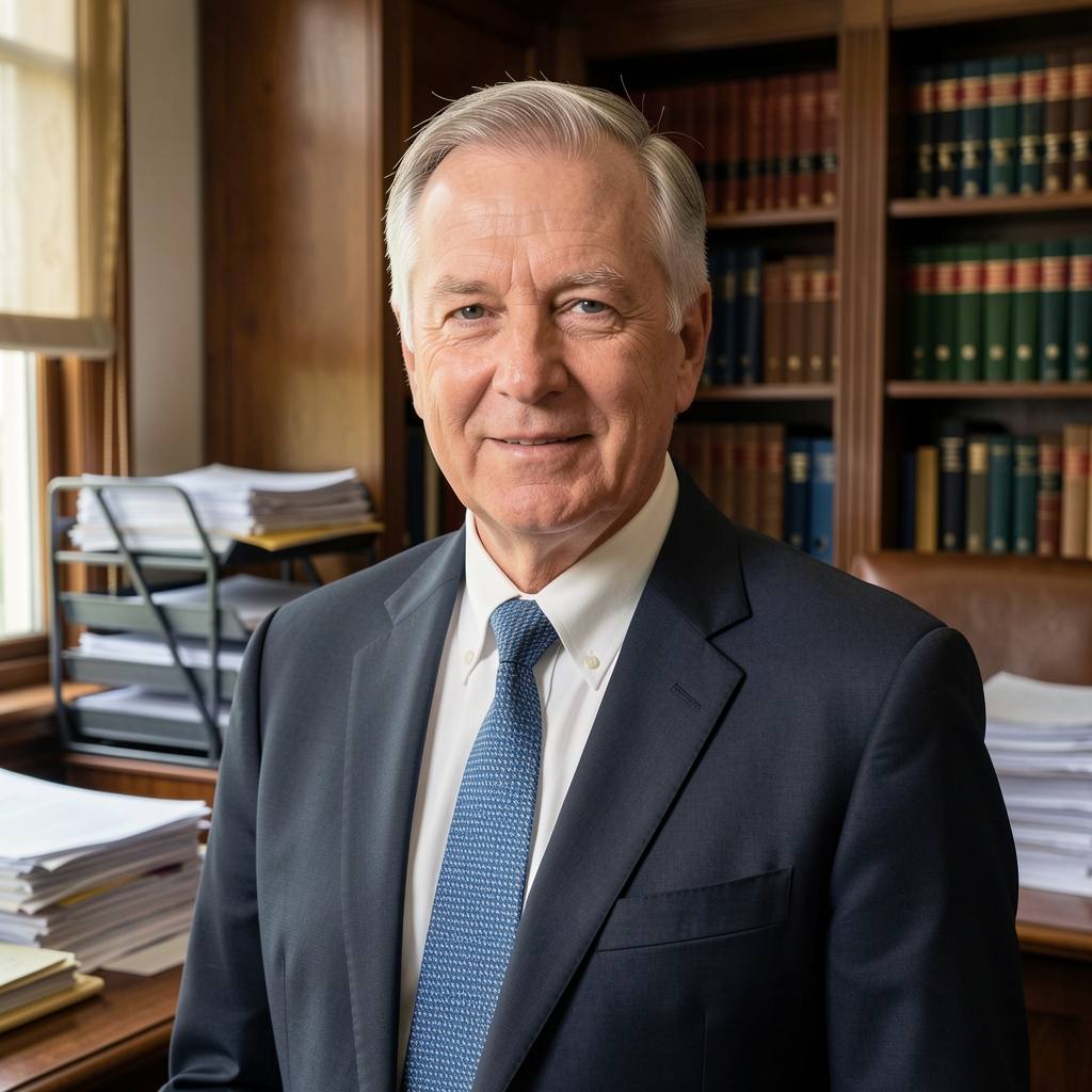 Retrato profesional de un hombre mayor asesor de auditoría con traje formal en una oficina clásica con archivo de documentos