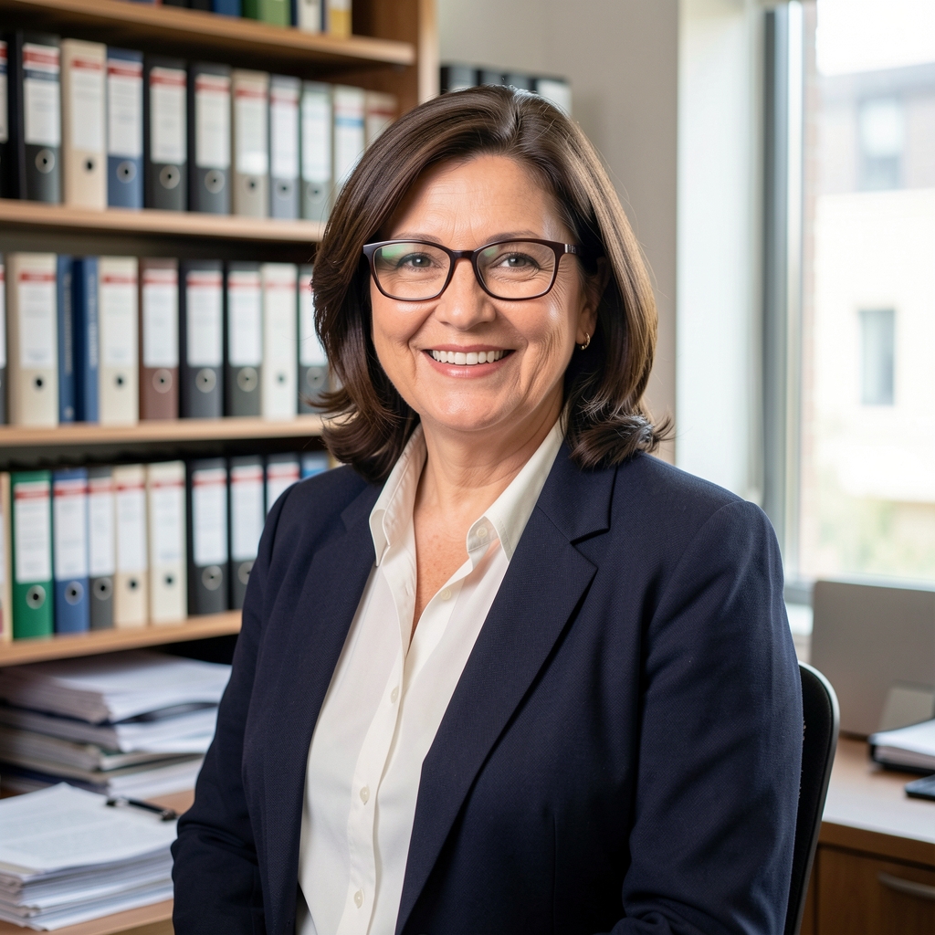 Retrato profesional de una mujer contadora de mediana edad con anteojos sonriendo en una oficina con estanterías de libros contables