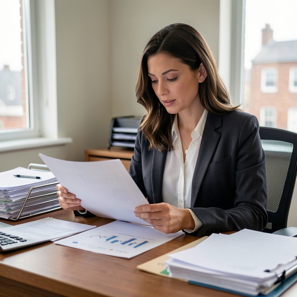 Retrato profesional de una mujer editora de contenidos económicos revisando documentos impresos en un escritorio ordenado