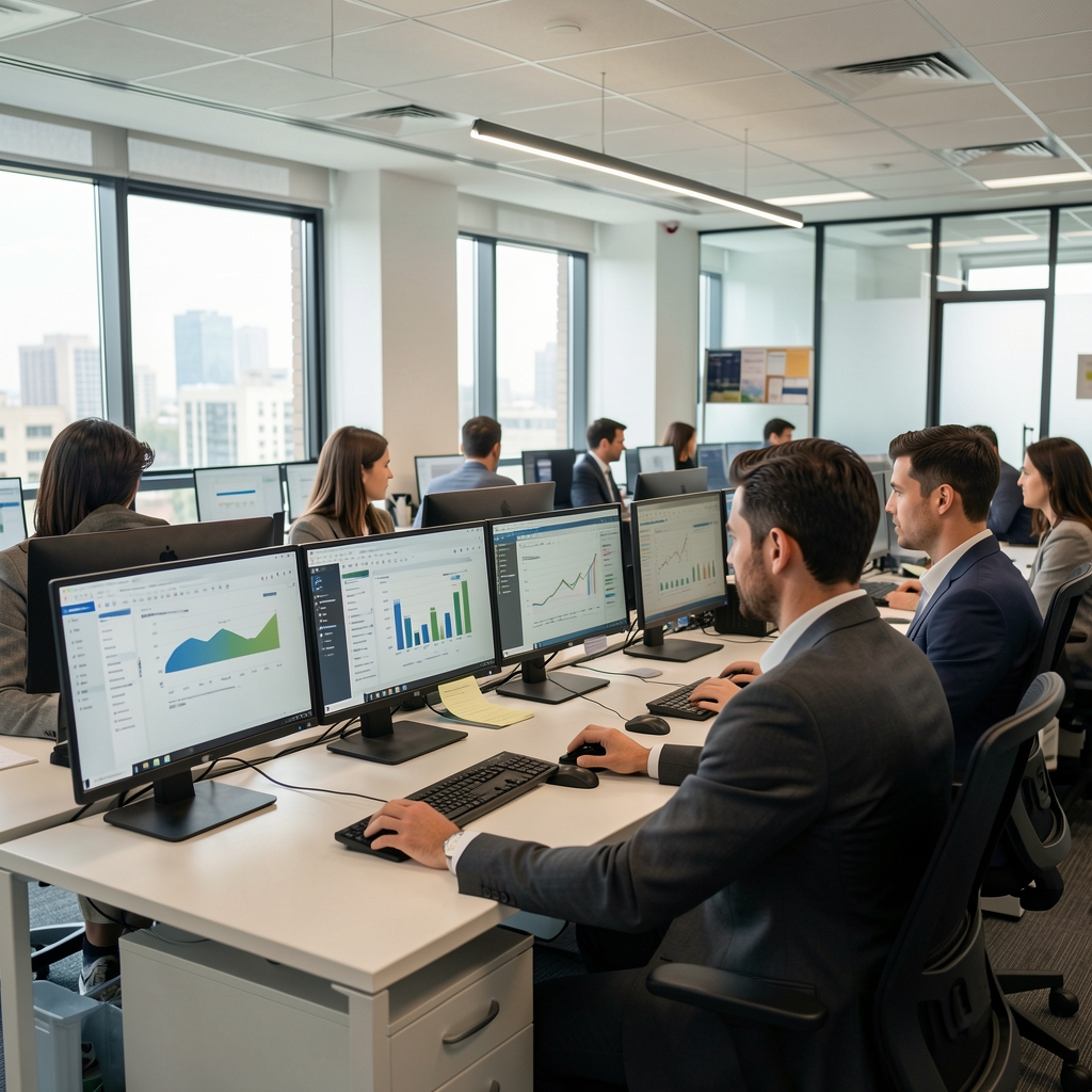 Vista interior de una oficina moderna de auditoría contable con analistas revisando informes financieros en pantallas de computadora en Buenos Aires