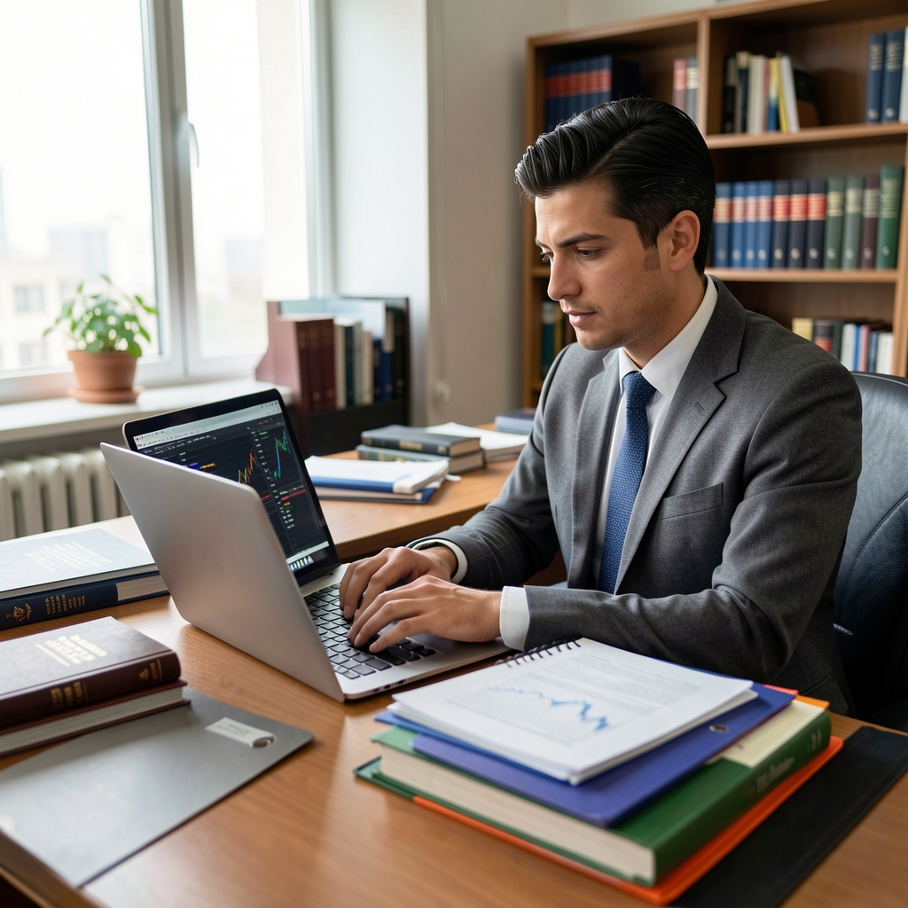 Investigador universitario analizando bases de datos financieras en una laptop rodeado de libros de contabilidad y carpetas