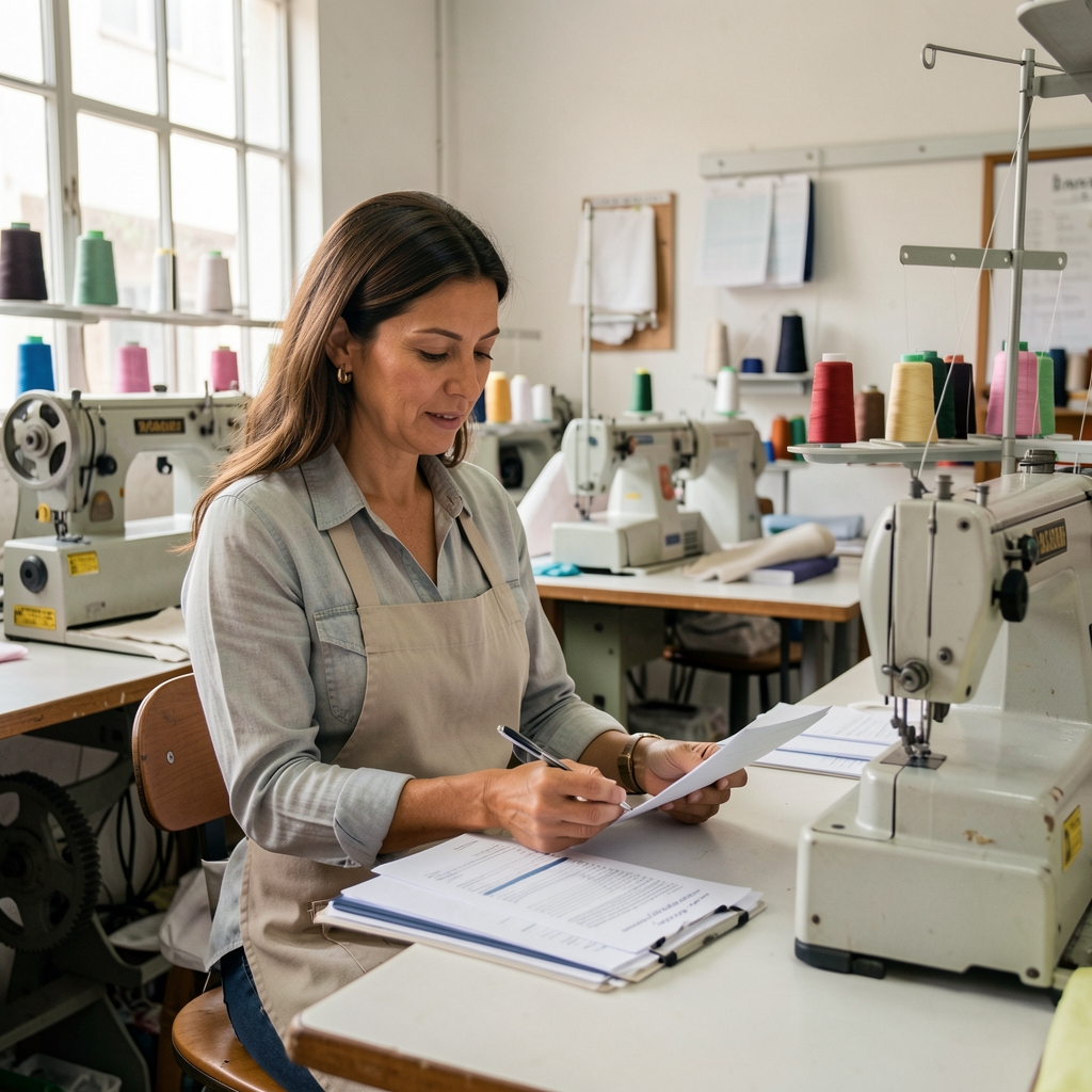 Propietaria de una pequeña empresa textil argentina revisando documentos financieros junto a máquinas de costura en un taller