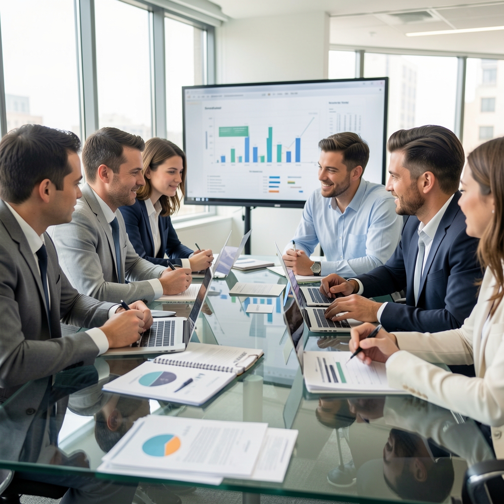 Reunión de equipo de investigación contable alrededor de una mesa de vidrio analizando gráficos de estados financieros