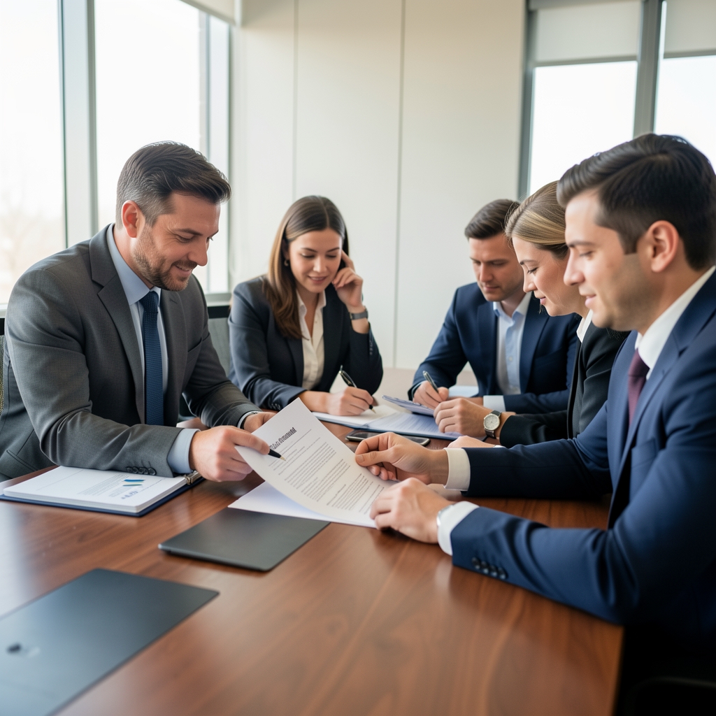 Grupo de profesionales contables revisando un documento impreso de investigación sobre una mesa de reuniones