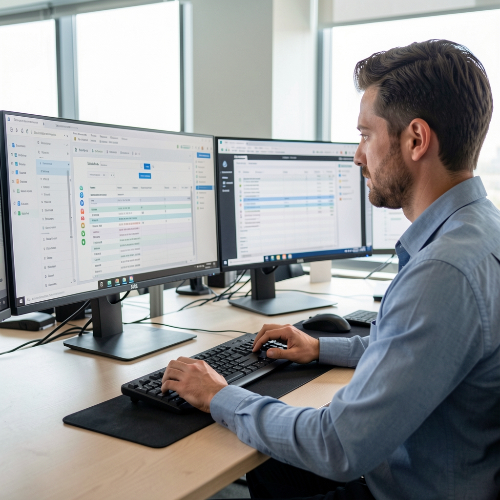 Especialista en tecnología financiera trabajando con software de contabilidad en la nube frente a múltiples monitores en una oficina